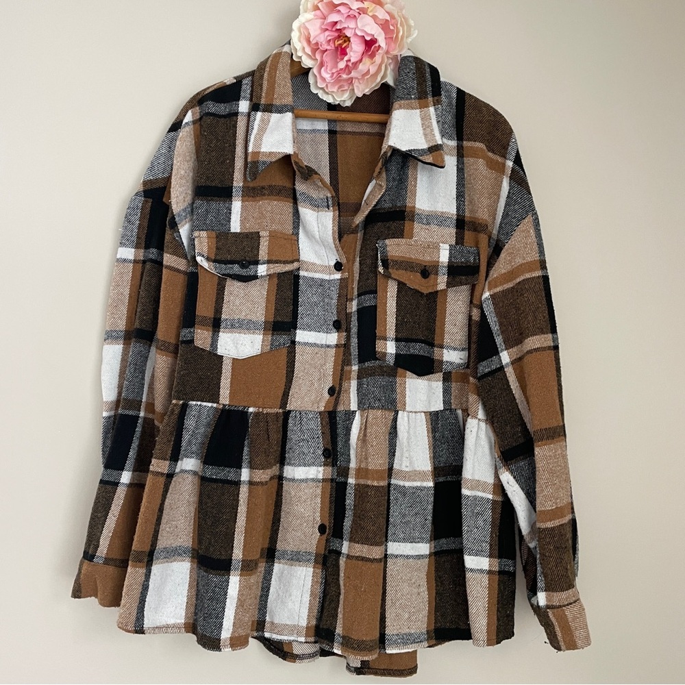 SHEIN Emery Rose Black Brown Plaid Button-Up Peplum Hem Women's Shacket 2XL